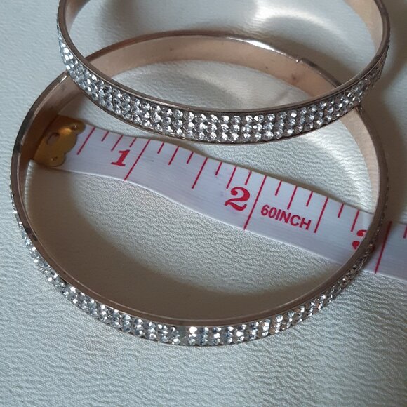 2 Gold Tone Metal Bangle Bracelets, 3 Rows of Rhinestones - Picture 8 of 10